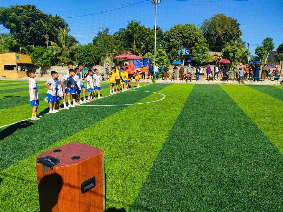 Cầu thủ chơi bóng trên sân cỏ nhân tạo